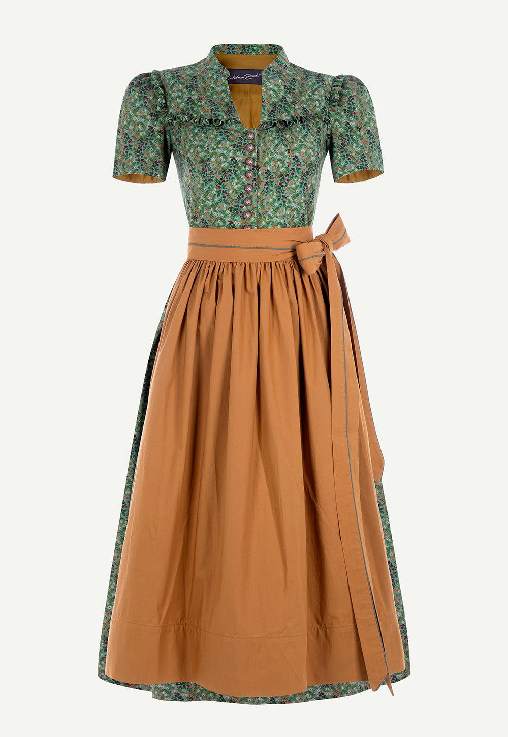 Antonia Zander Alexa Dirndl in Pinto Green with a floral print, cognac brown apron, ruffle details and decorative buttons.
