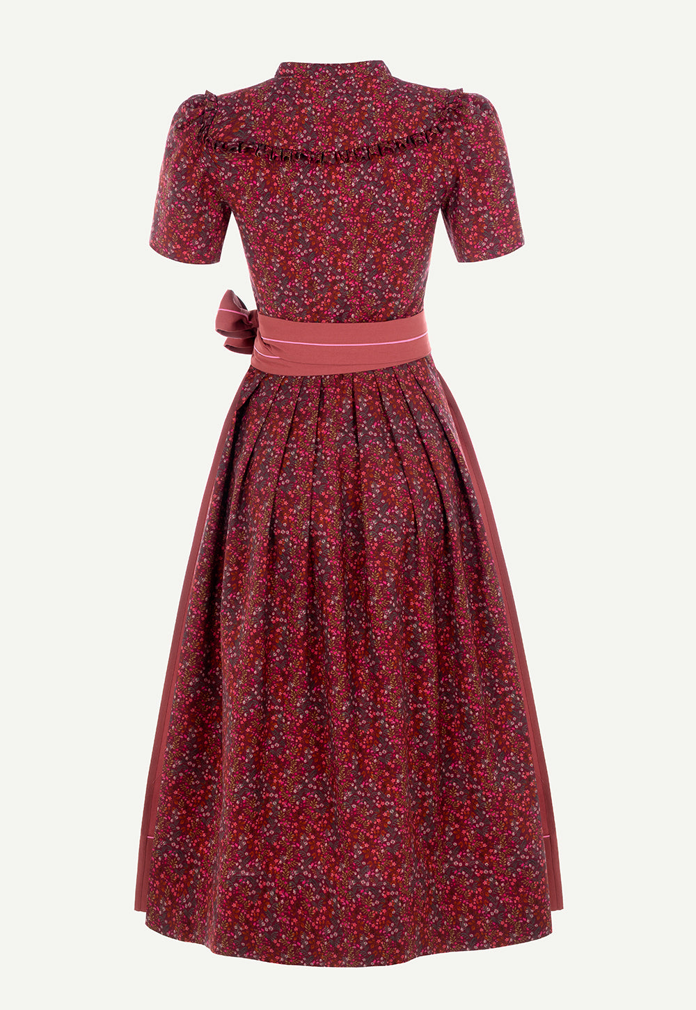 Back view of the Antonia Zander Alexa Dirndl in Pinto Red with a fitted silhouette, floral print, dusty rose apron and ruffle details.