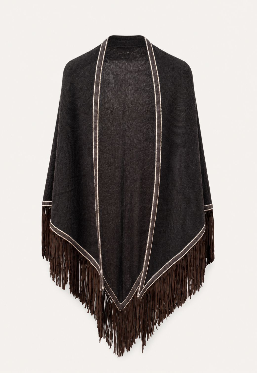 Triangolo Camoscio cashmere scarf in Blackwood with 100% goat suede fringes by Antonia Zander