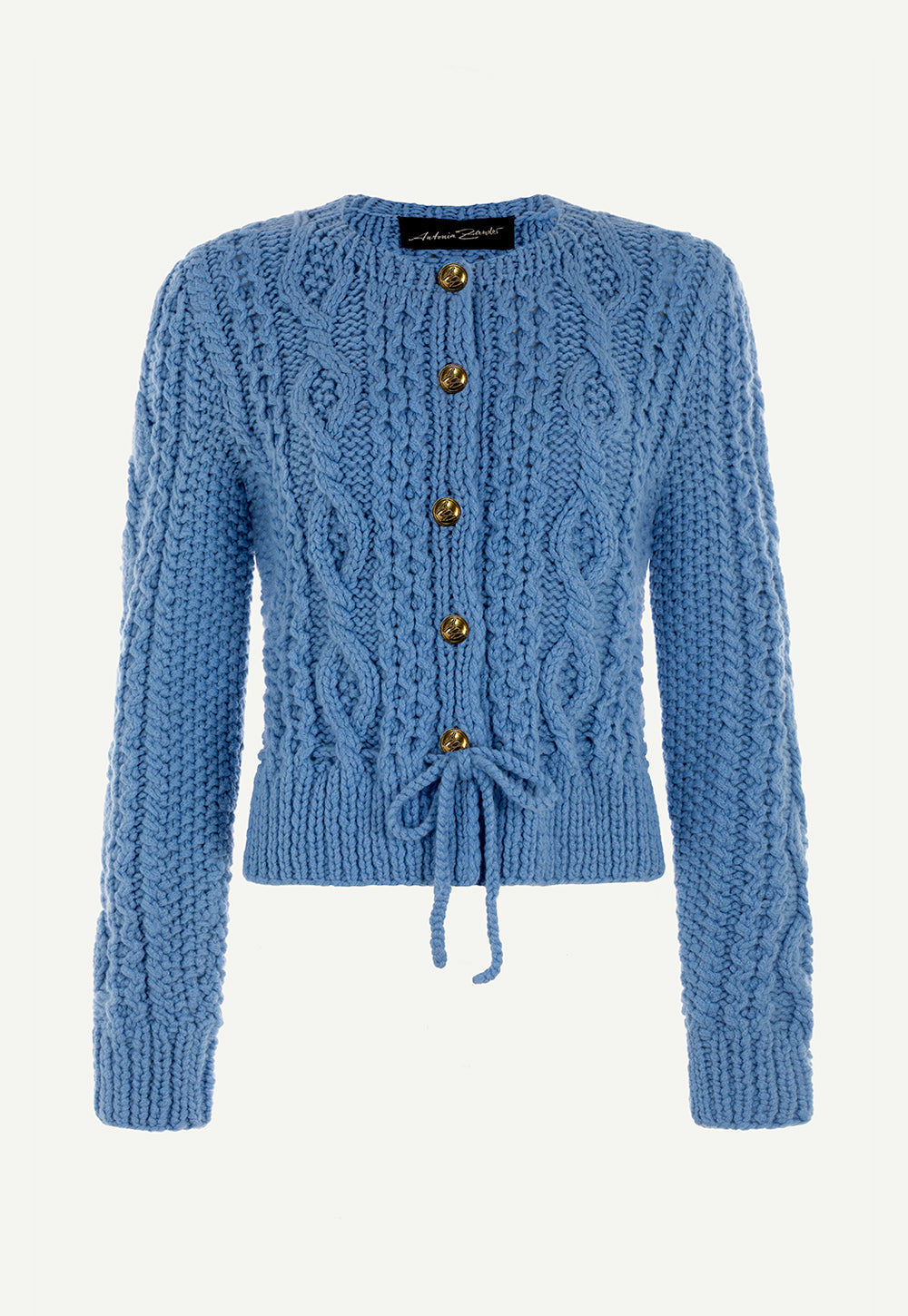 Hanni hand-knitted cashmere cardigan in Blue with cable knit, gold-tone AZ metal buttons and waist tie.