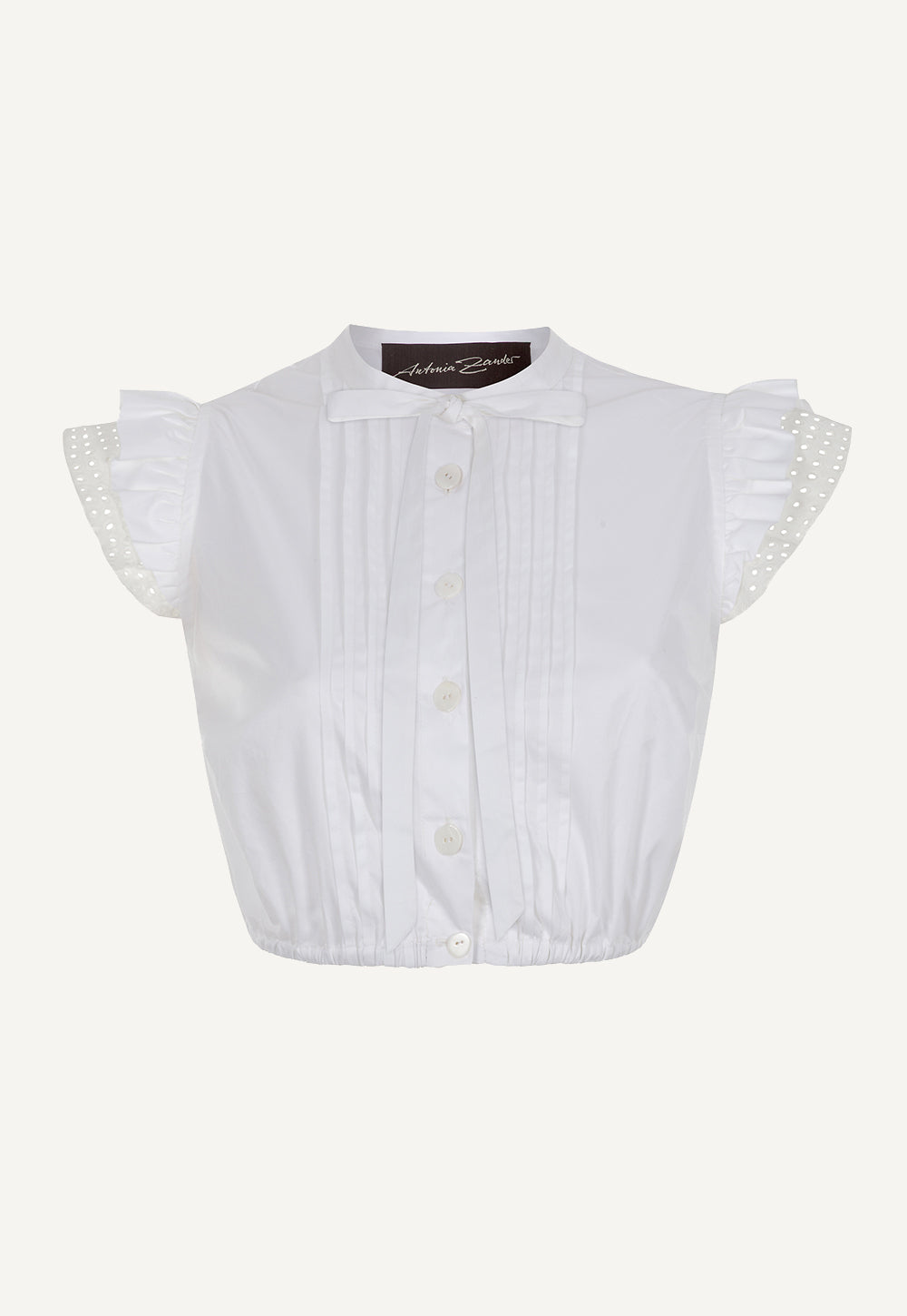 Vroni Dirndl Blouse White with pintuck front, stand collar, removable bow and embroidered eyelet ruffle sleeves.