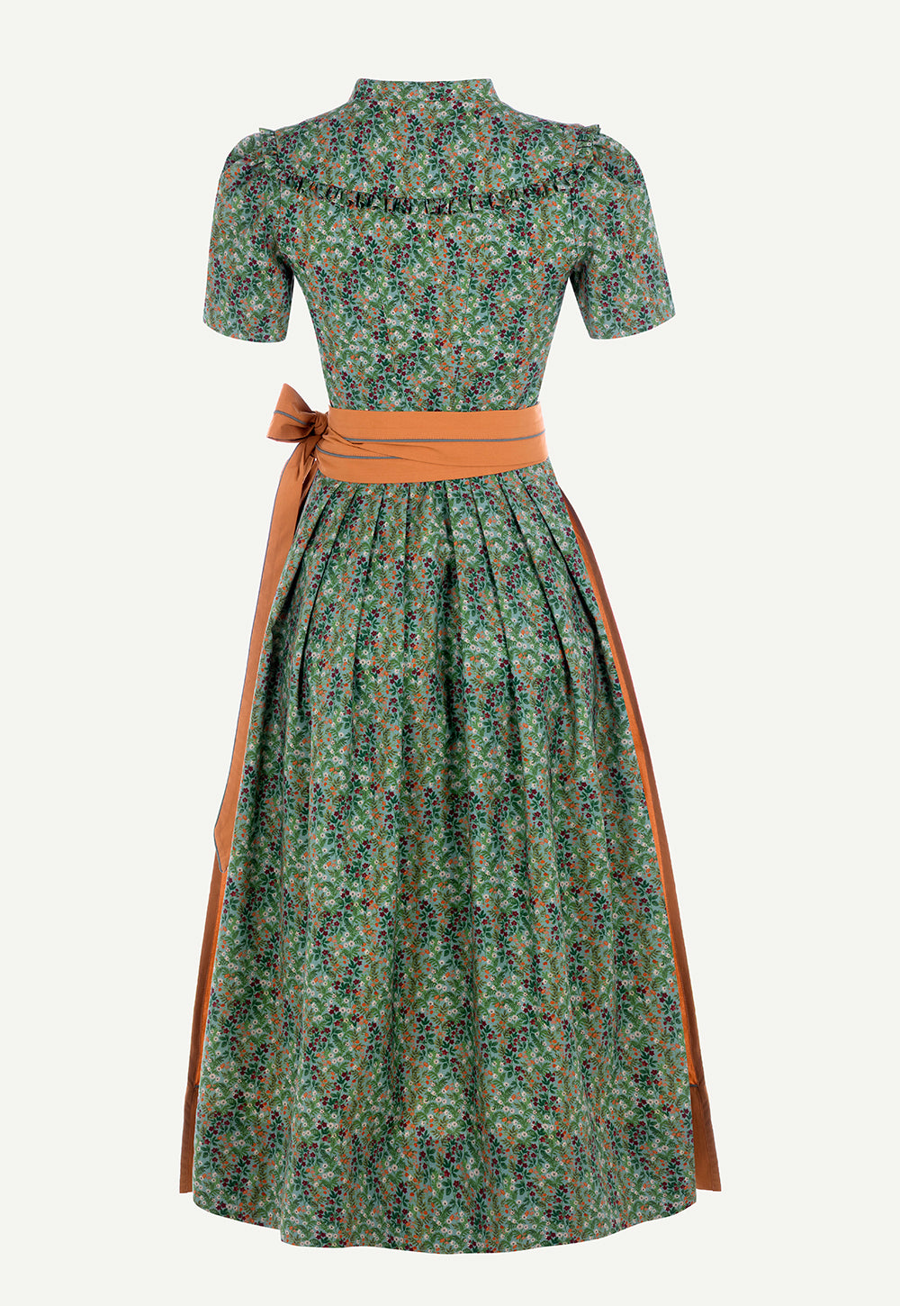 Back view of the Antonia Zander Alexa Dirndl in Pinto Green with a floral print, fitted silhouette and cognac brown apron.