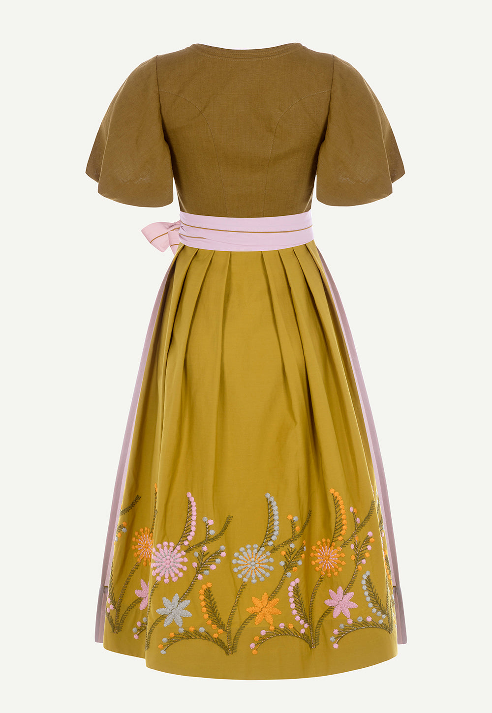 Back view of the Andrea Dirndl in Copper with embroidered floral skirt.