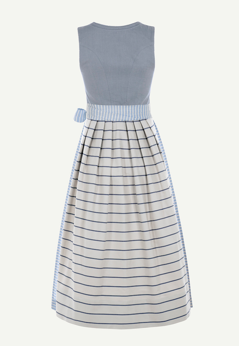 Back view of the Antonia Zander Toni Dirndl in Linen Blue Stripes with a fitted silhouette and striped light blue apron.