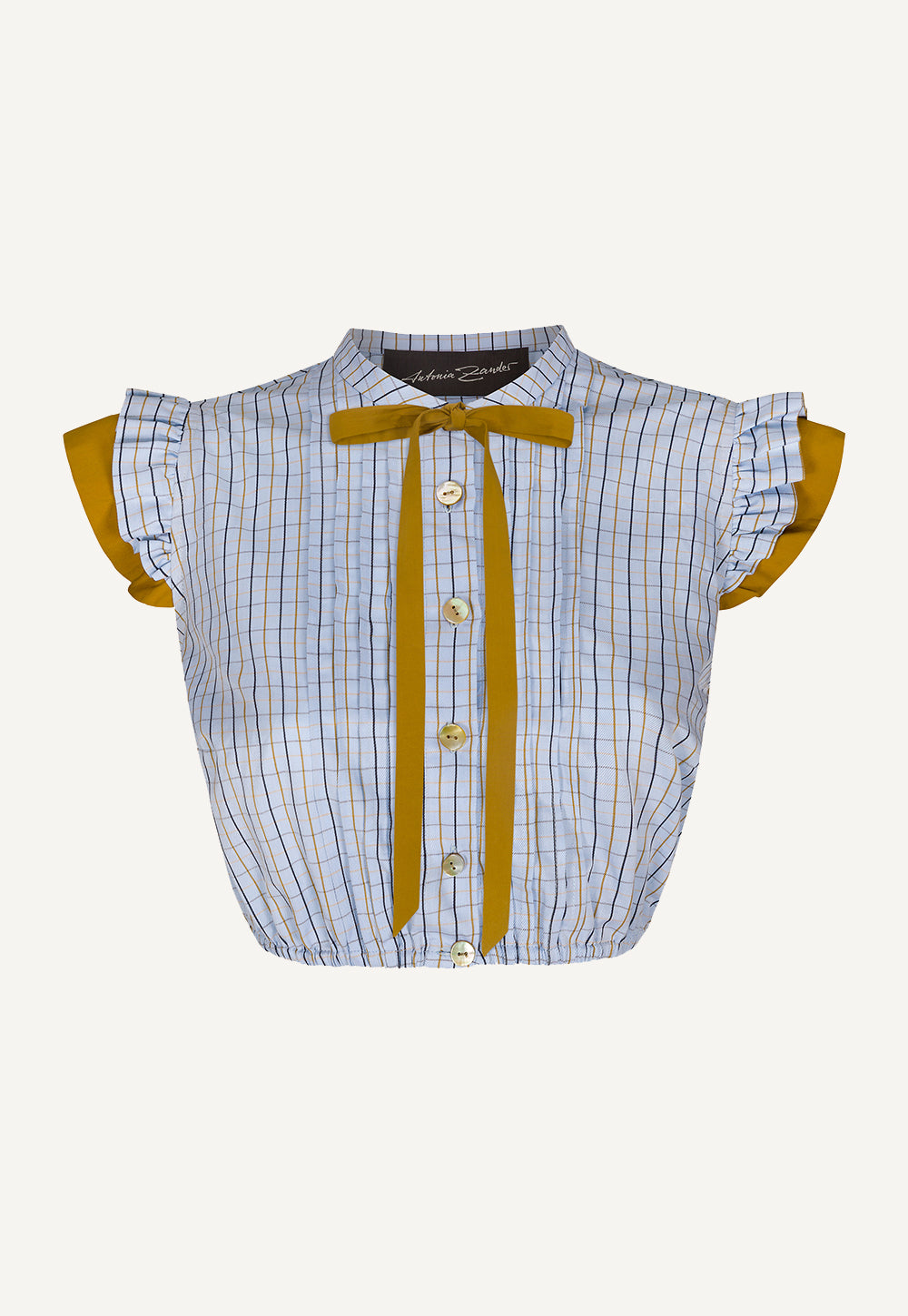 Vroni Blouse Karo with checked cotton fabric, pintuck front, ruffled cap sleeves and detachable bow tie.