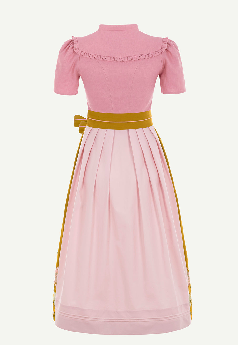 Back view of the Alexa Dirndl Linen Rose with an embroidered apron and puff sleeves.
