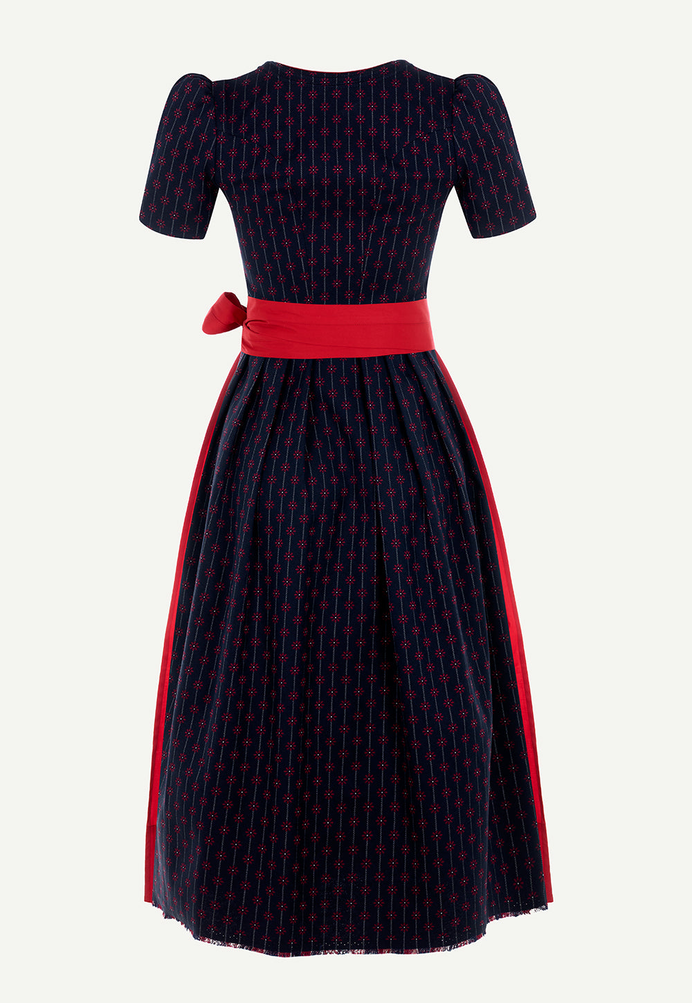 Back view of the Antonia Zander Judith Dirndl in Flower Navy Red with a fitted silhouette, navy floral pattern and vibrant red apron.