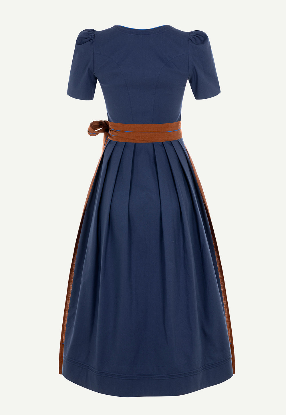 Back view of the Antonia Zander Judith Dirndl in Pikee Enzian with a fitted silhouette and cinnamon brown apron.