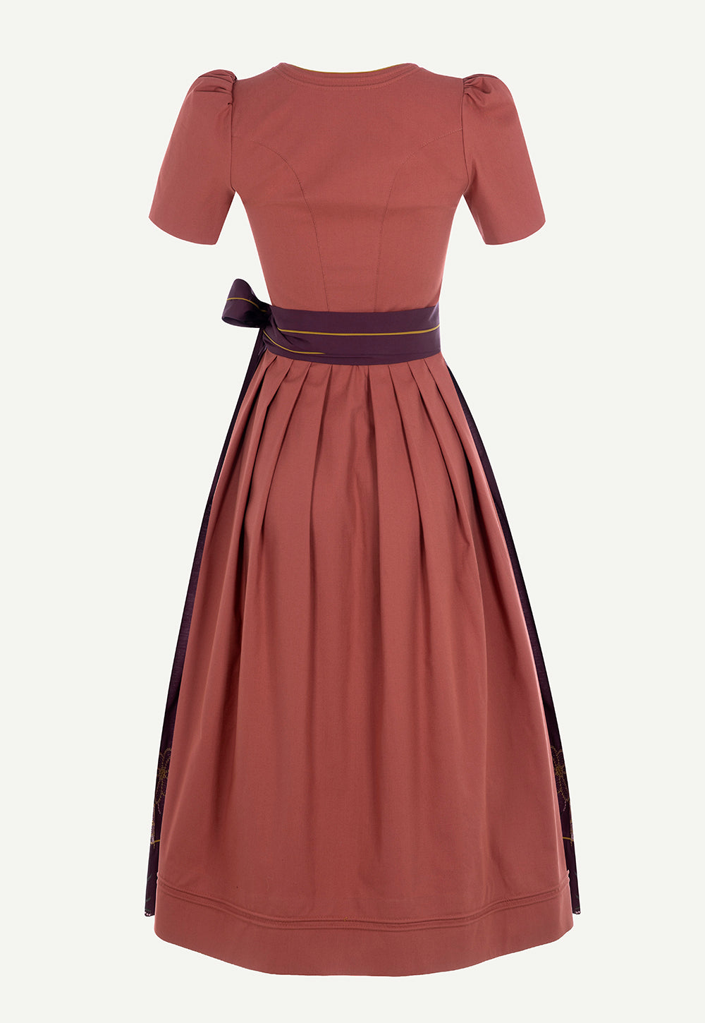 Back view of the Antonia Zander Judith Dirndl in Pikee Rosewood with a fitted silhouette and an embroidered plum apron.