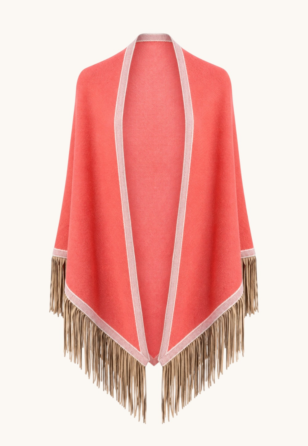 Triangolo wrap in Bali crafted from fine cashmere with contrasting trim and hand-applied leather fringes by Antonia Zander.