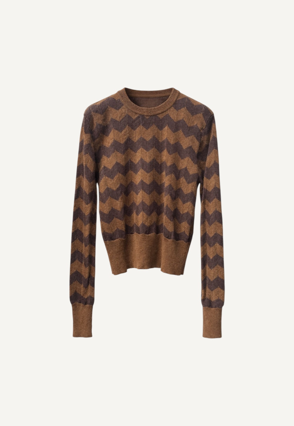 Cashmere sweater in castagno and brown with graphic zigzag pattern and slim cropped fit