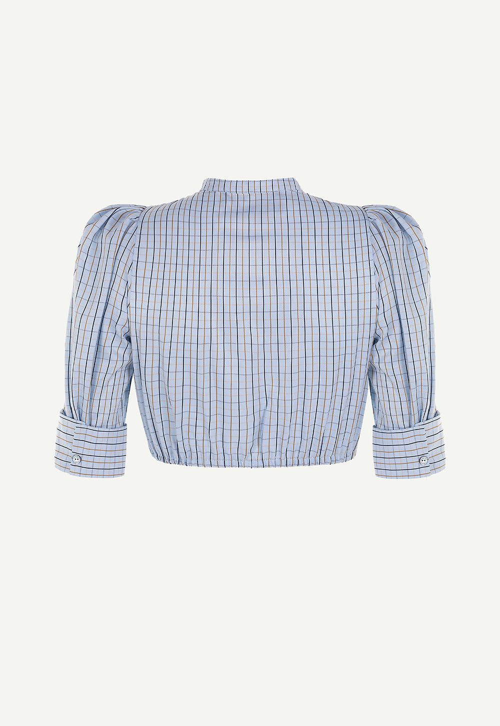 Back view of the Fanny Blouse Blue Check in 100% cotton with gathered sleeves, wide cuffs and elasticated hem.