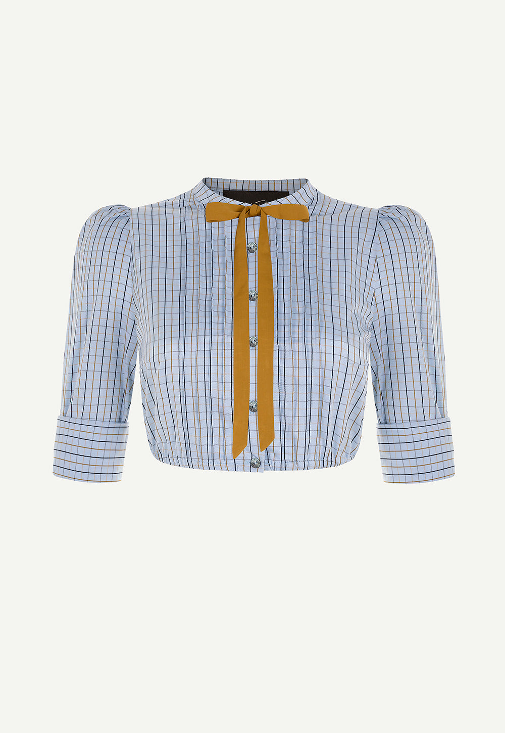 Fanny Blouse Blue Check crafted from 100% cotton with pintucks, detachable contrast bow and gathered three-quarter sleeves.