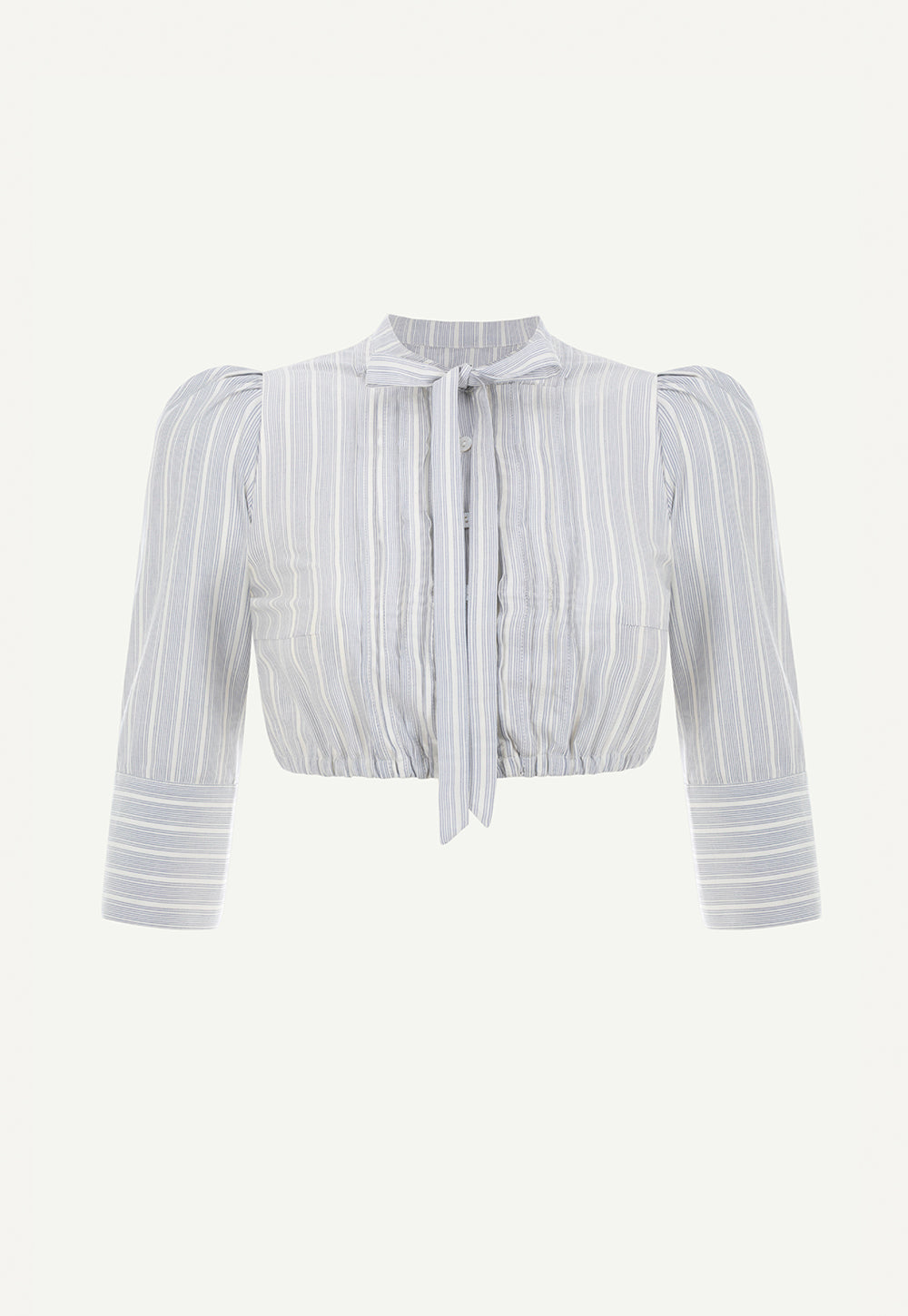Fanny Blouse Blue Stripes in a silk-cotton blend with pintuck front, stand-up collar, detachable bow and gathered sleeves.