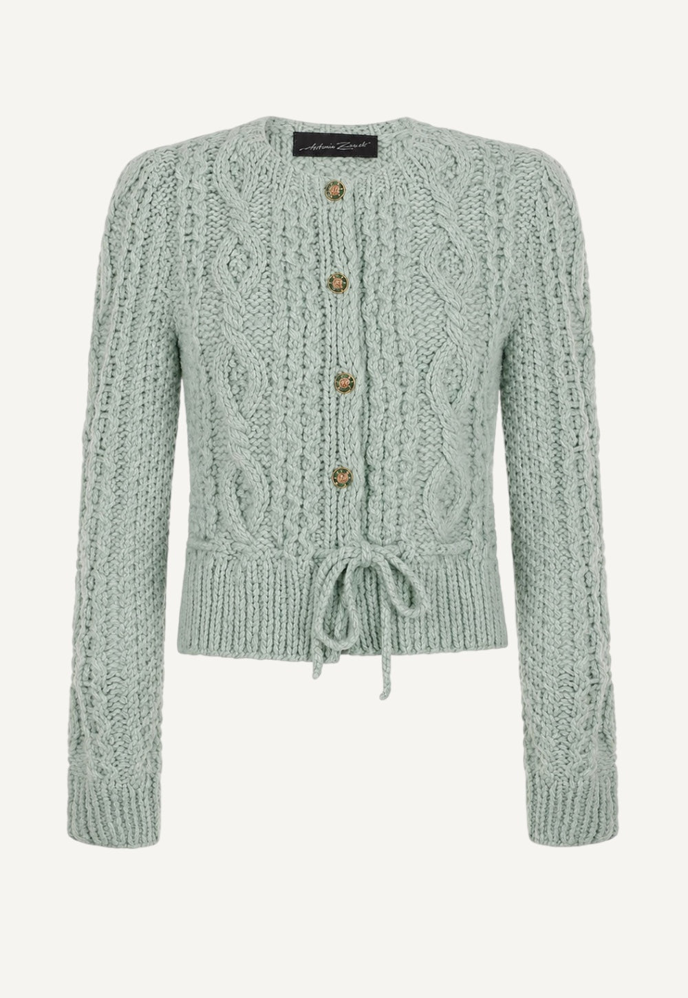 Hanni hand-knitted cashmere cardigan in Dew with cable knit, gold-tone AZ metal buttons and waist tie.