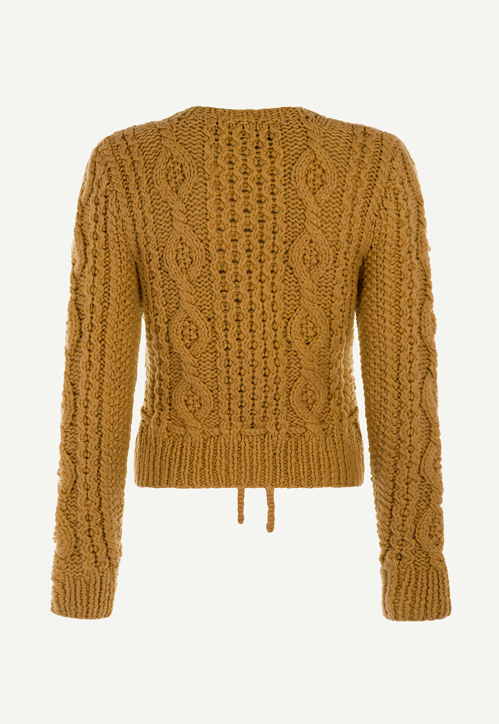 Back view of the Hanni hand-knitted cashmere cardigan in Gold with intricate cable knit and waist tie.