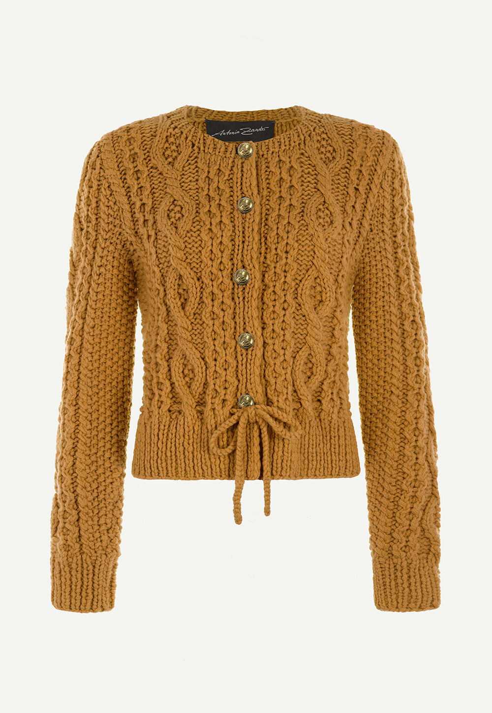 Hanni hand-knitted cashmere cardigan in Gold with cable knit, gold-tone AZ metal buttons and waist tie.