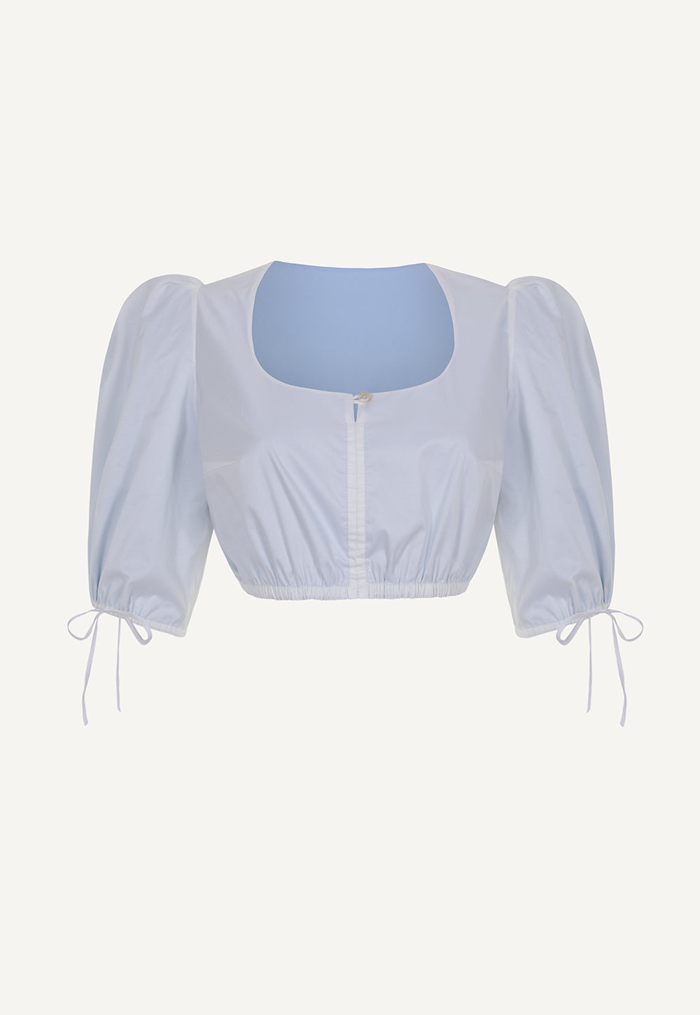 Resi reversible dirndl blouse in white and light blue with rounded neckline and adjustable puff sleeves
